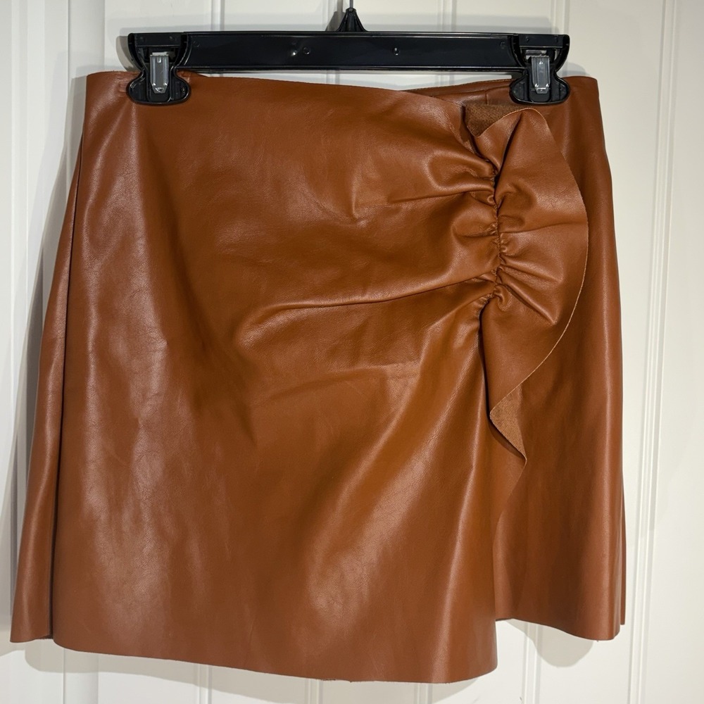 The Impeccable Pig Cognac Faux Leather Ruched Wrap Mini Skirt Women's Medium